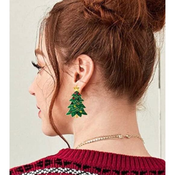 Enamel Christmas Tree Crystal Earrings - Picture 2 of 2